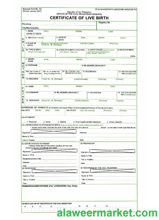 Philippines certificate of live birth